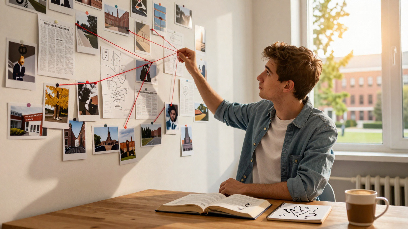 Homem jovem analisando mapa investigativo com fotos e conexões de fios vermelhos em parede iluminada.