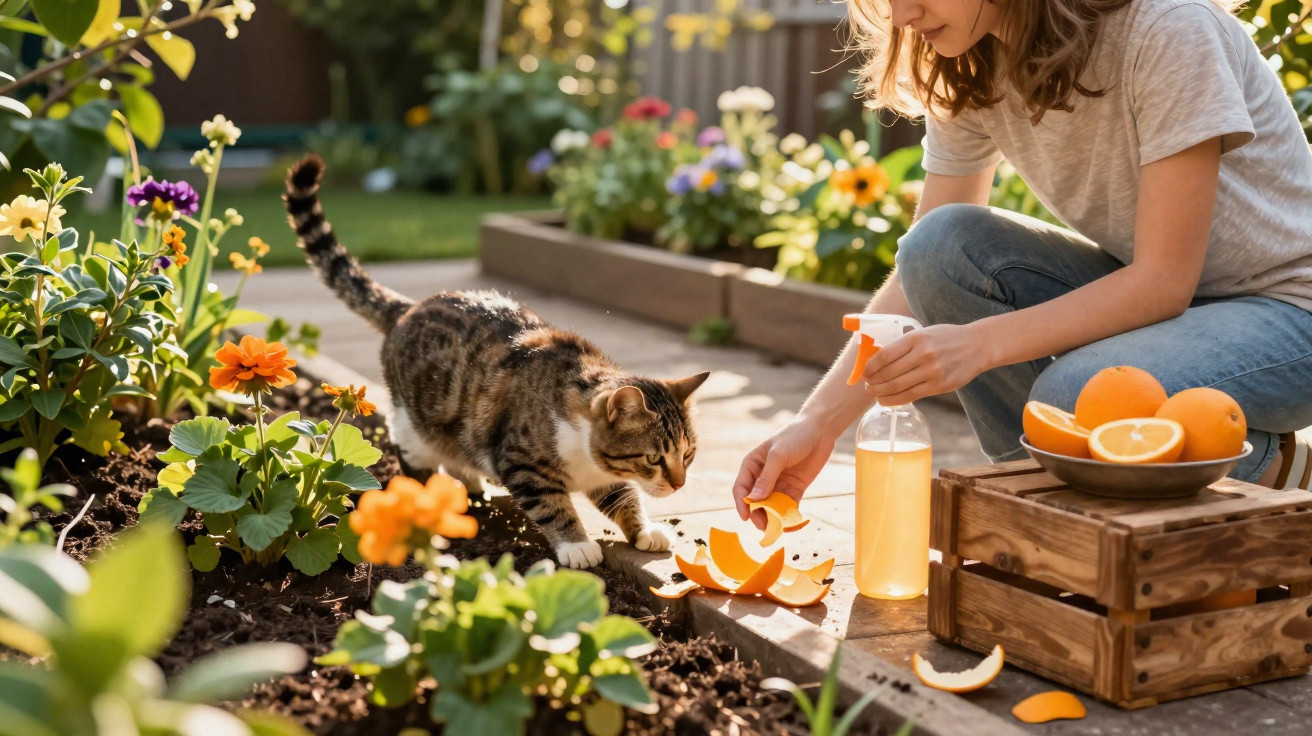 Mulher alimenta gato com cascas de laranja em jardim com flores coloridas durante o dia.