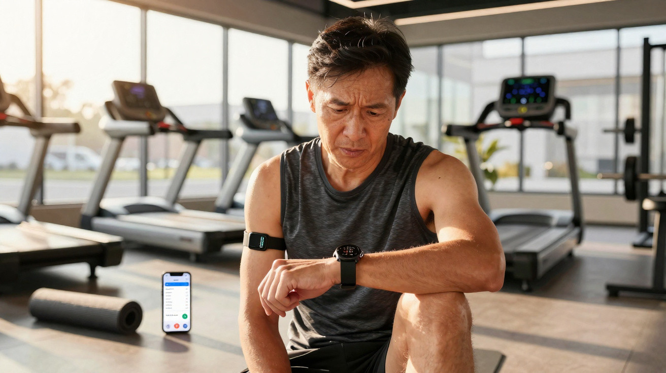 Homem sentado na academia conferindo smartwatch, com esteira e tapete ao fundo em ambiente iluminado.