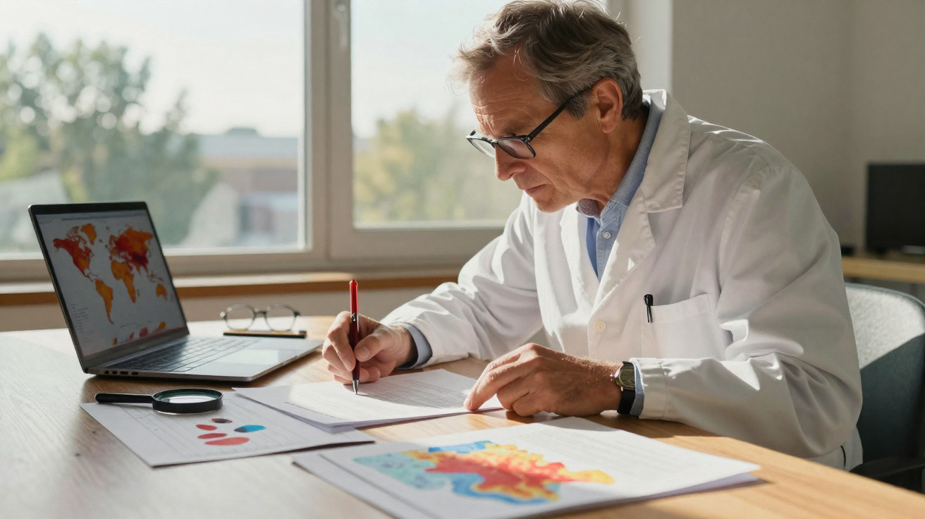Cientista analisando mapas de calor e gráficos em papel e no laptop dentro de um laboratório.
