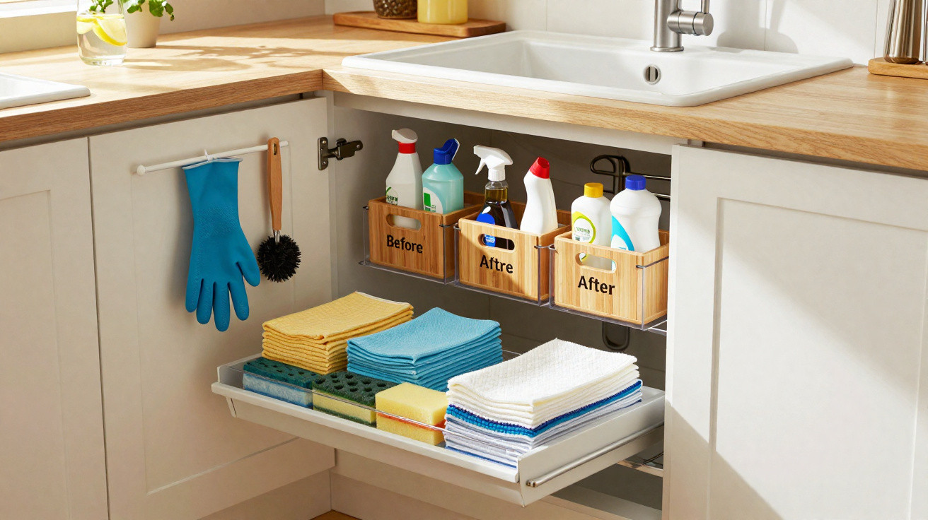 Gabinete de cozinha organizado com produtos de limpeza, panos, esponjas e luvas de borracha azul.