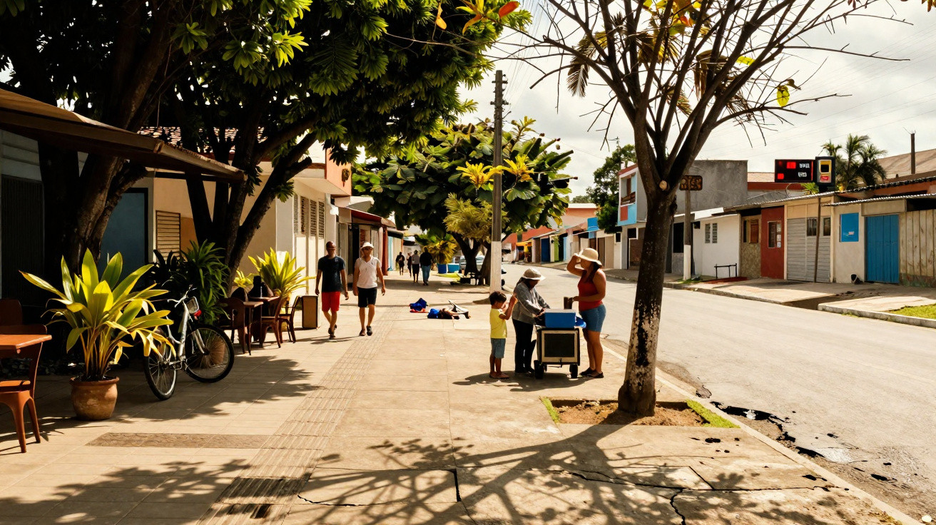Rua de bairro com árvores, casas coloridas, pessoas caminhando e mulher vendendo sorvete.