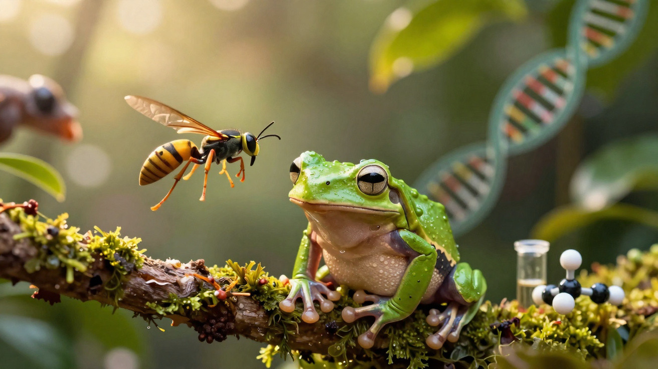 Rã verde em galho com vespa voando próxima, fundo desfocado com hélice de DNA e modelo molecular.