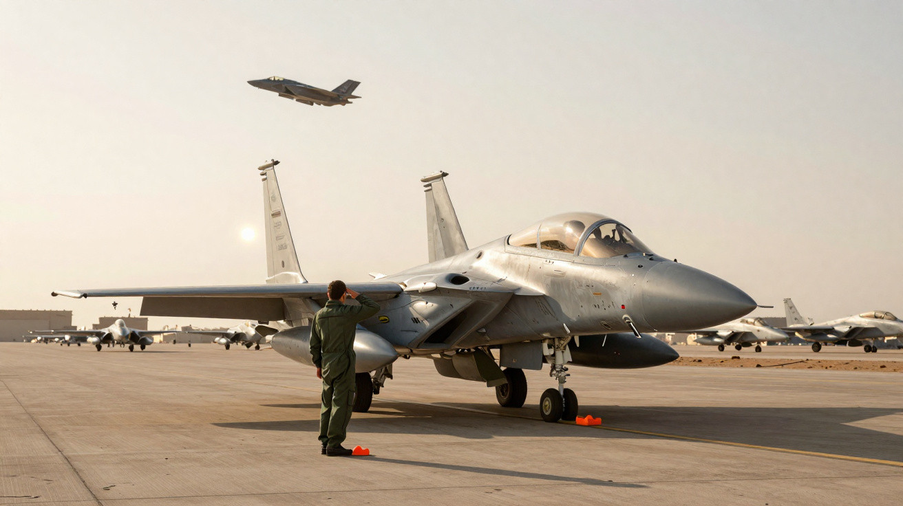 Caças militares estacionados em pista de aeroporto com militar em pé ao lado e avião voando ao fundo.