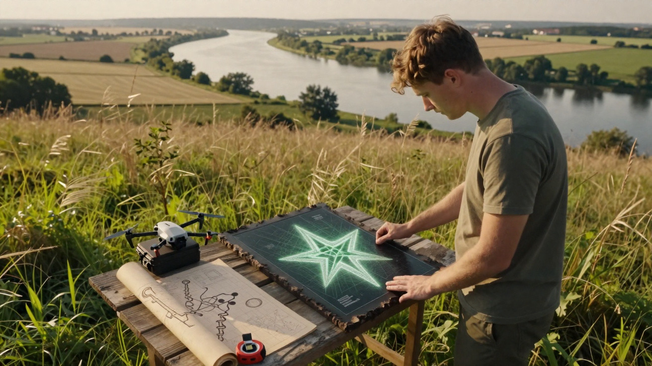 Homem analisa planta digital futurista em mesa ao ar livre com paisagem de rio e campos ao fundo.