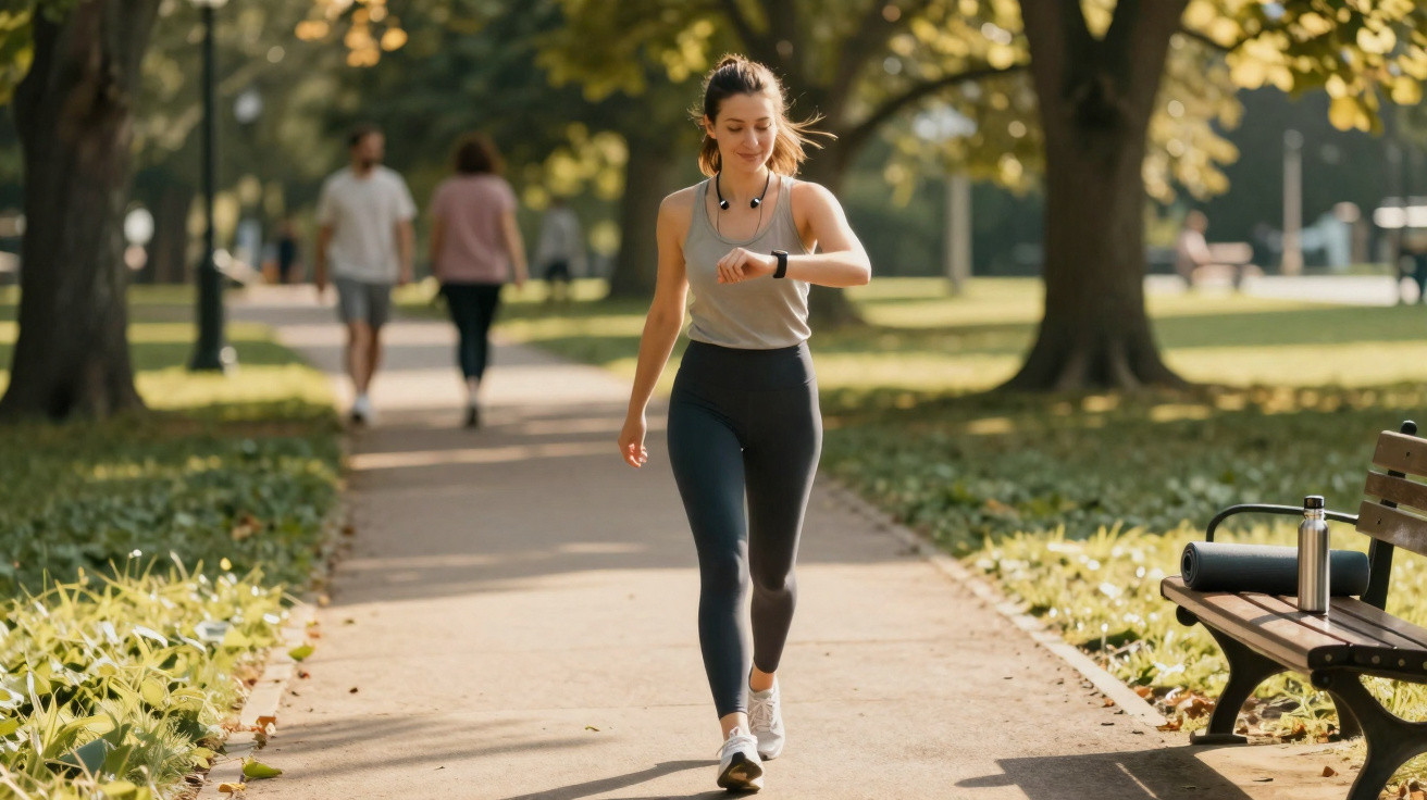 Mulher caminhando em parque verde, olhando relógio inteligente, vestindo roupa esportiva e fones no pescoço.