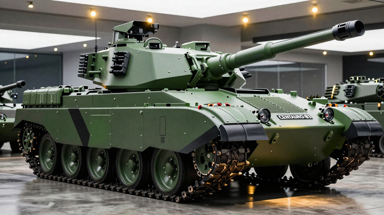 Tanque de guerra verde estacionado em ambiente interno, com lâminas de luz refletidas no chão.
