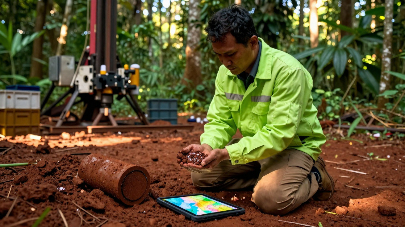 Homem em uniforme verde examina solo com amostras perto de equipamento científico e tablet na floresta.