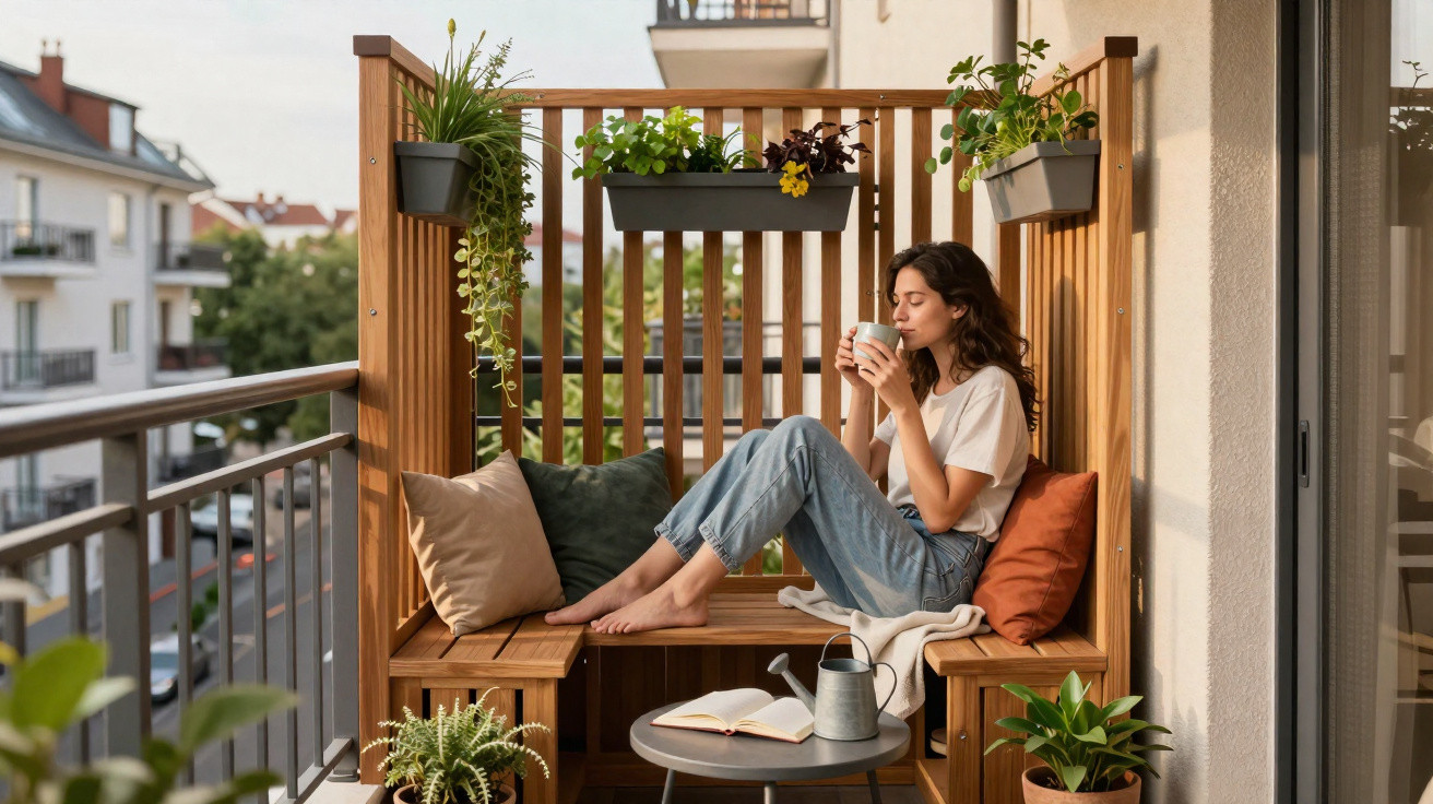 Mulher sentada em varanda aconchegante com plantas, bebendo café e relaxando ao sol da manhã.