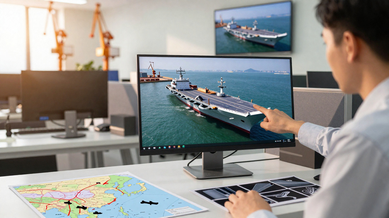 Pessoa analisando imagem de porta-aviões em monitor de computador em escritório com mapa na mesa.