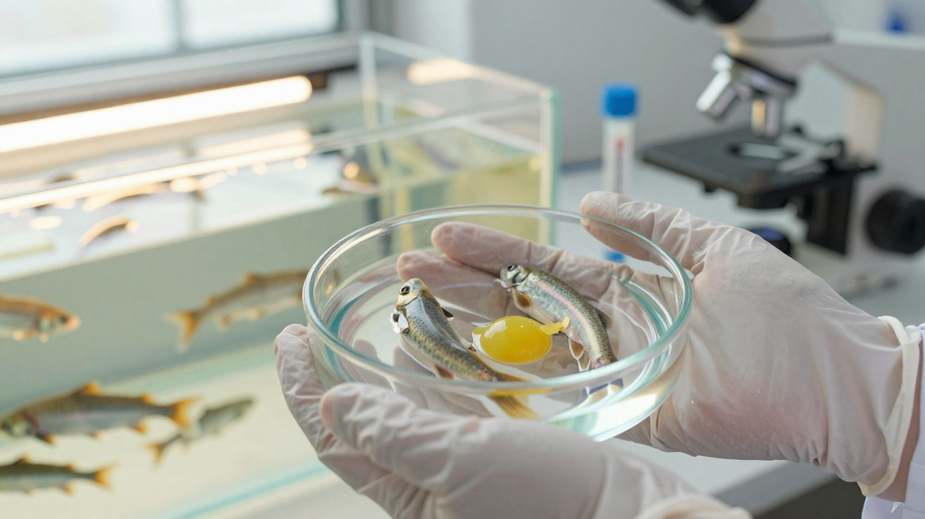 Mãos com luvas seguram placa de petri com dois peixes pequenos e uma gota amarela, em laboratório.