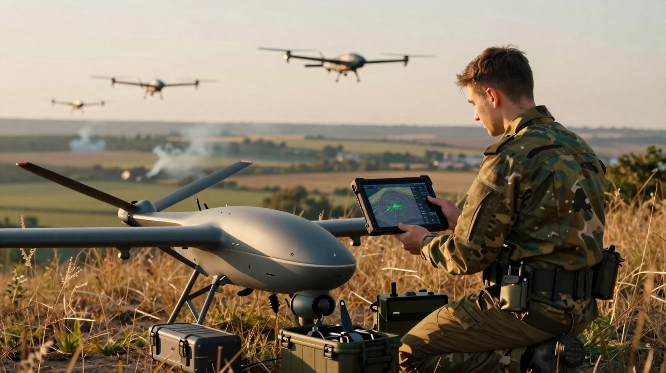 Soldado operando drone militar no campo com drones voando ao fundo ao pôr do sol.