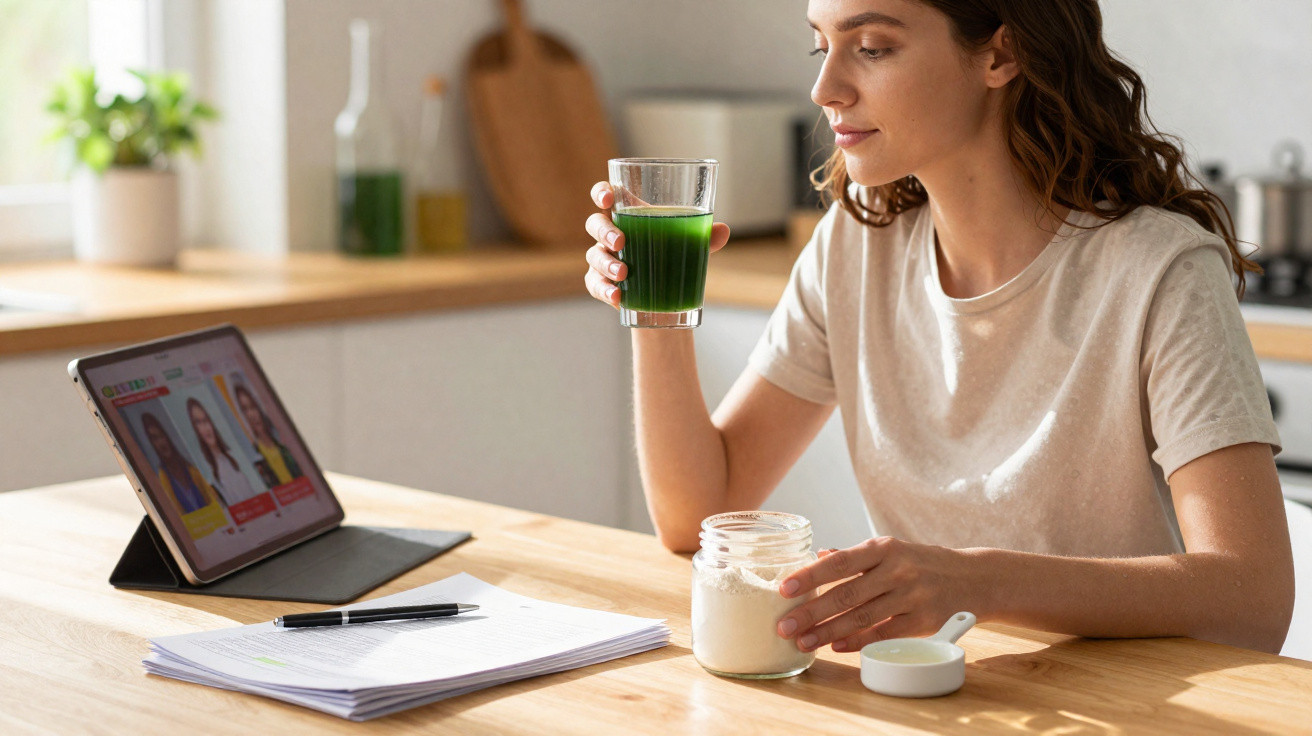 Mulher segurando copo com suco verde enquanto estuda com tablet e caderno em mesa de cozinha.