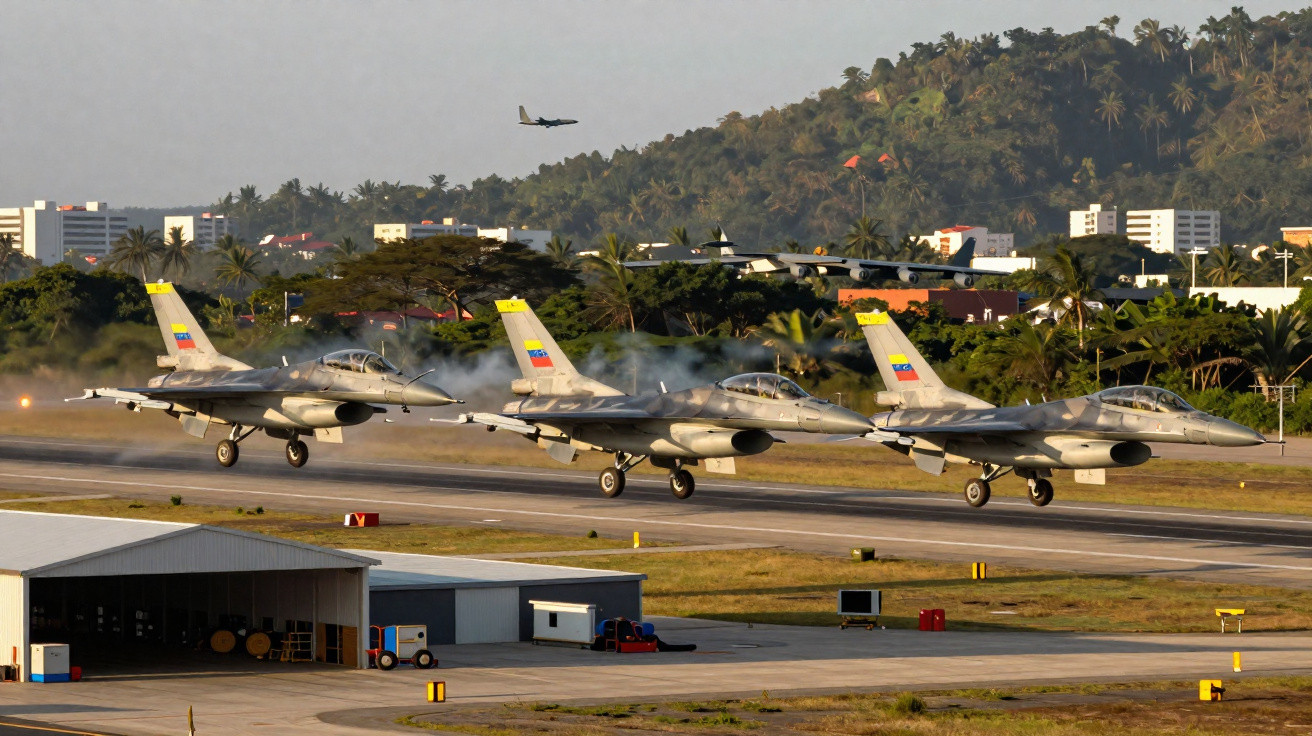 Quatro caças militares com bandeira da Venezuela pousando em pista de aeroporto com áreas verdes ao fundo.