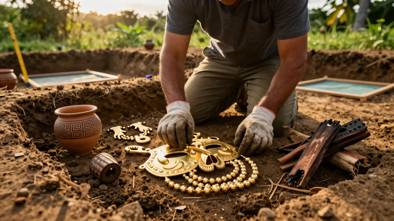 Arqueólogo desenterrando joias douradas antigas e cerâmicas em escavação arqueológica ao ar livre.