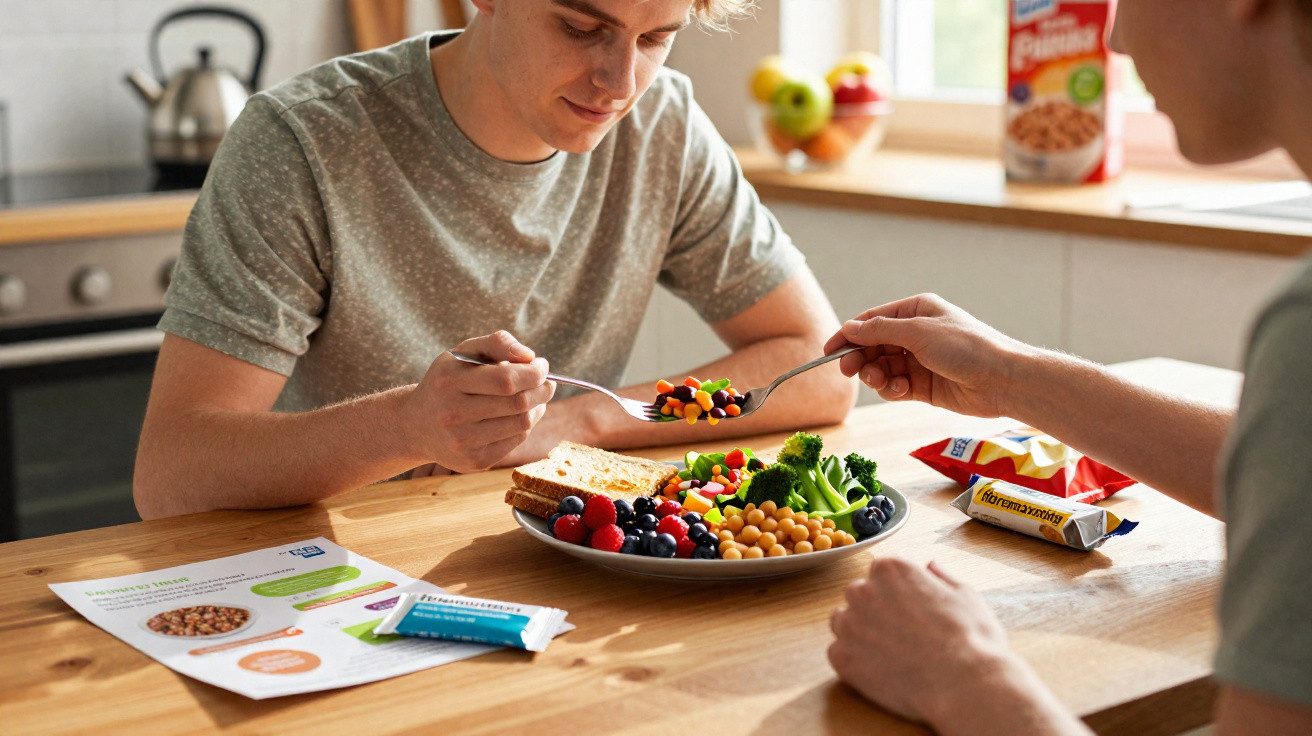 Duas pessoas sentadas à mesa compartilhando comida saudável com frutas, grão-de-bico, legumes e torradas.