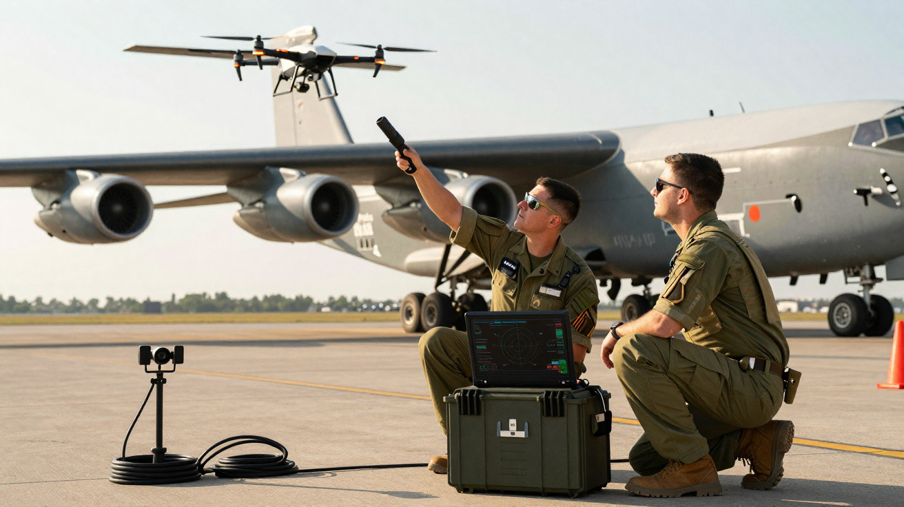 Dois militares operam um drone próximo a avião militar em pista de decolagem sob céu claro.
