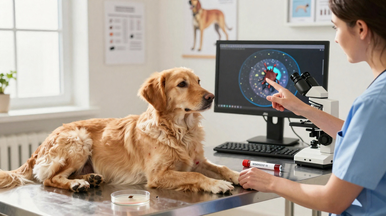 Veterinária realizando exame em cachorro dourado em clínica veterinária moderna.