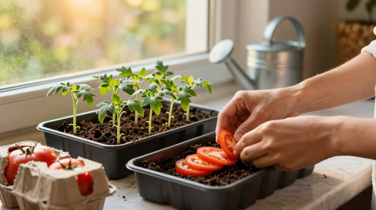 Mãos plantando fatias de tomate em bandeja de terra ao lado de muda de tomate em ambiente iluminado.