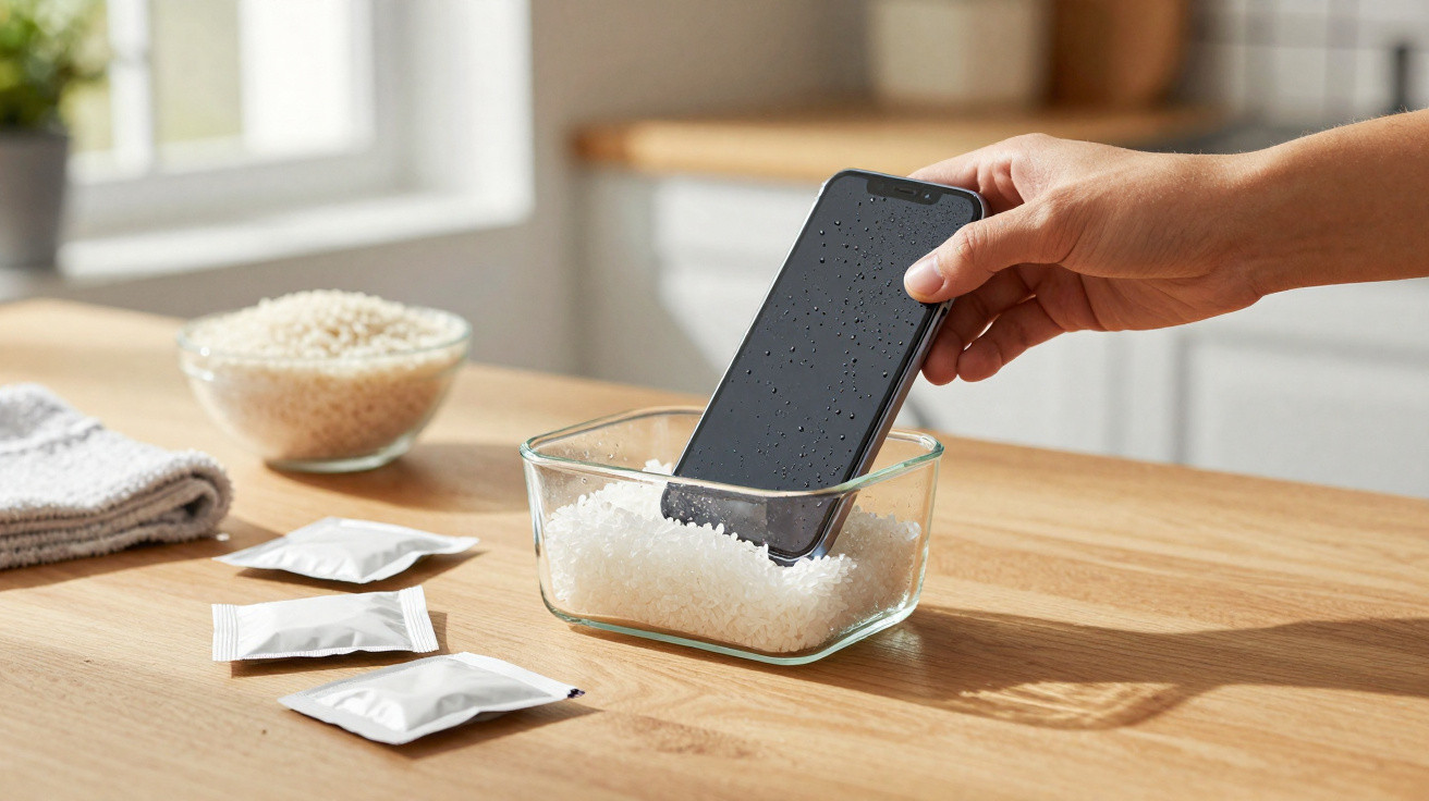 Pessoa colocando celular molhado em recipiente com arroz para secar sobre mesa de cozinha.