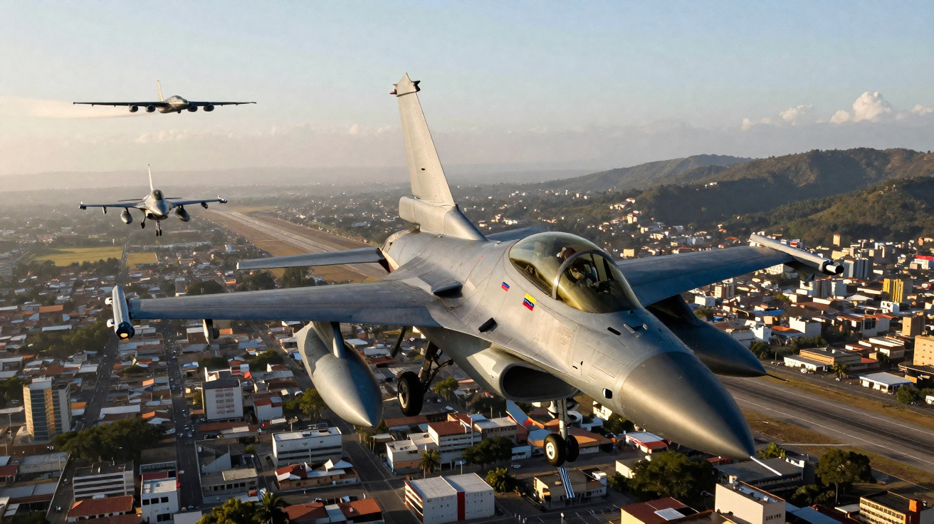 Três caças militares voando em formação sobre uma cidade com montanhas ao fundo durante o dia.