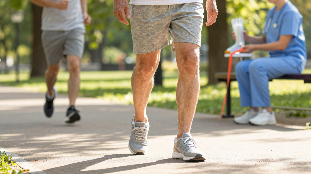 Pessoas praticando caminhada e corrida em parque, com pessoa sentada em banco ao fundo, usando roupa azul.