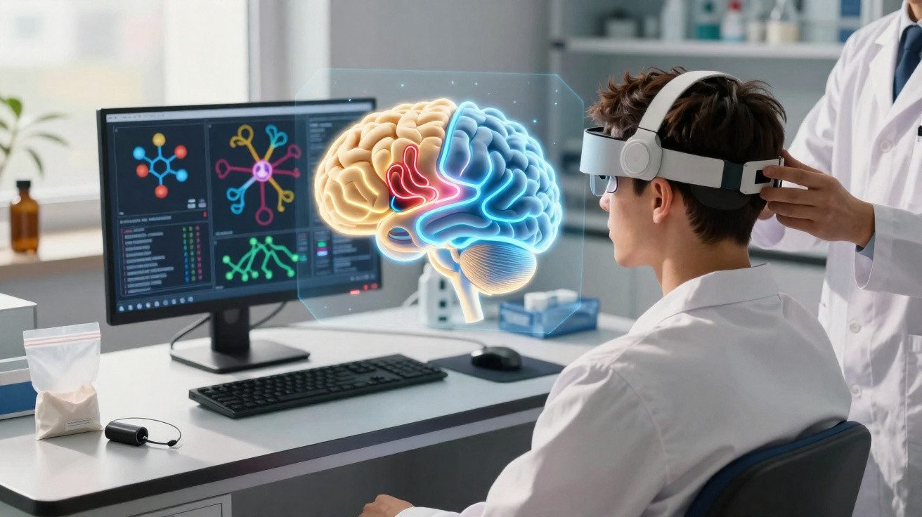 Cientista usando óculos de realidade aumentada para visualizar cérebro 3D enquanto outro ajusta o dispositivo.