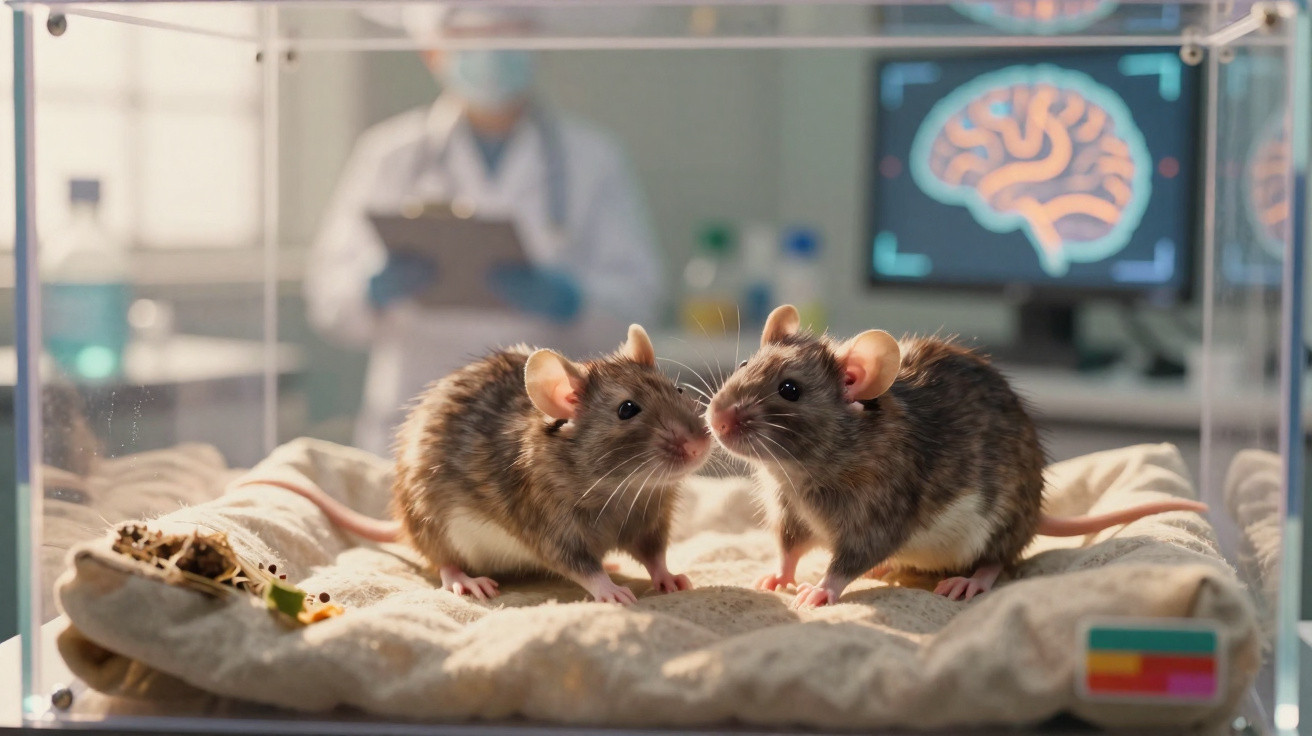 Dois ratos em gaiola de laboratório com cientista e imagem de cérebro ao fundo.