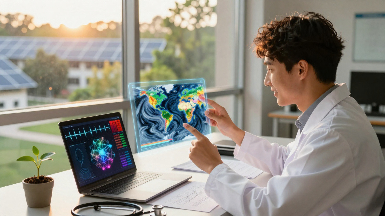 Cientista interage com holograma de mapa mundial enquanto analisa dados em laptop em ambiente de trabalho.