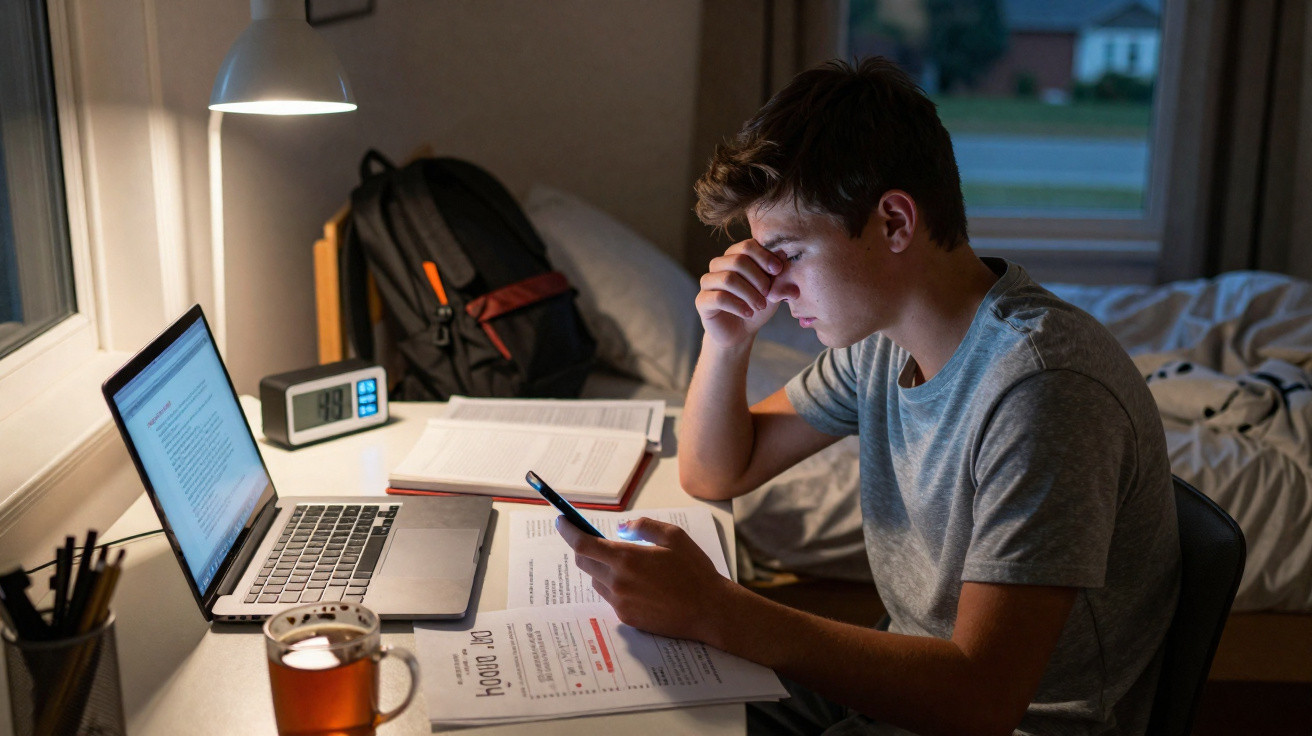 Jovem sentado à mesa estudando à noite, olhando preocupado para o celular com laptop e livros abertos.