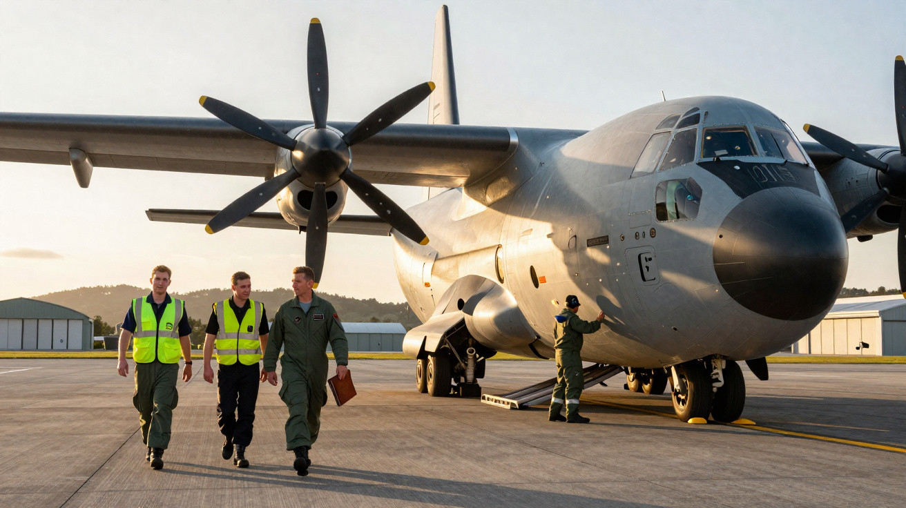 Três militares caminham na pista ao lado de um avião de transporte militar estacionado ao entardecer.