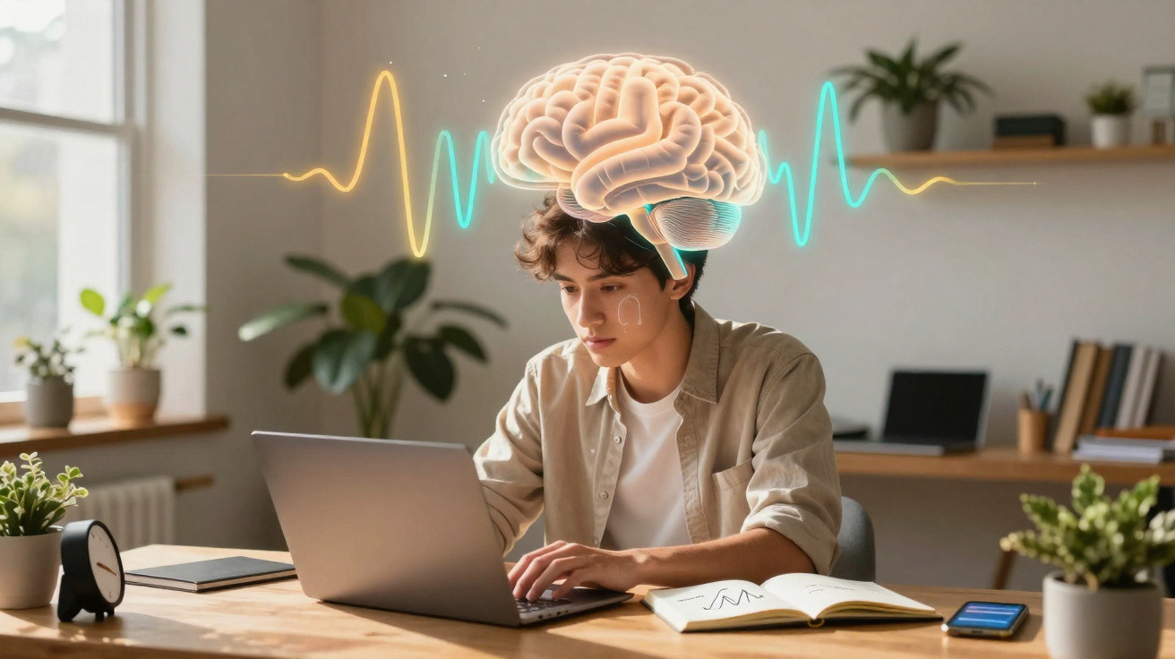Jovem concentrado usando laptop, com ilustração de cérebro e ondas cerebrais sobre a cabeça.