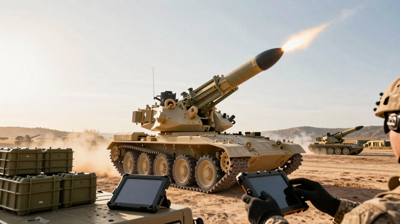 Tanque militar lança míssil em campo de batalha desértico com soldado operando controle remoto.