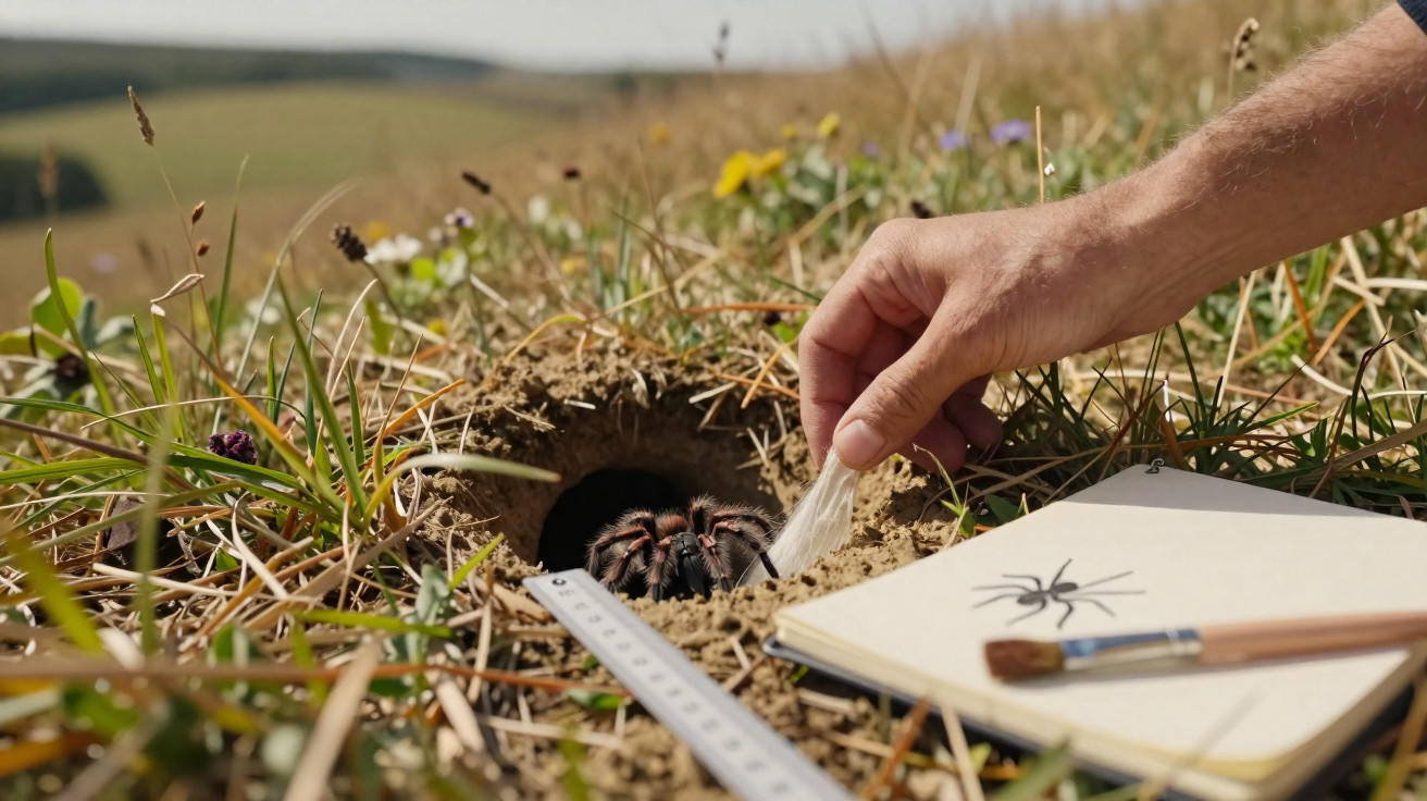 Mão humana segurando pena perto de uma tarântula em sua toca na grama, com caderno, pincel e régua ao lado.