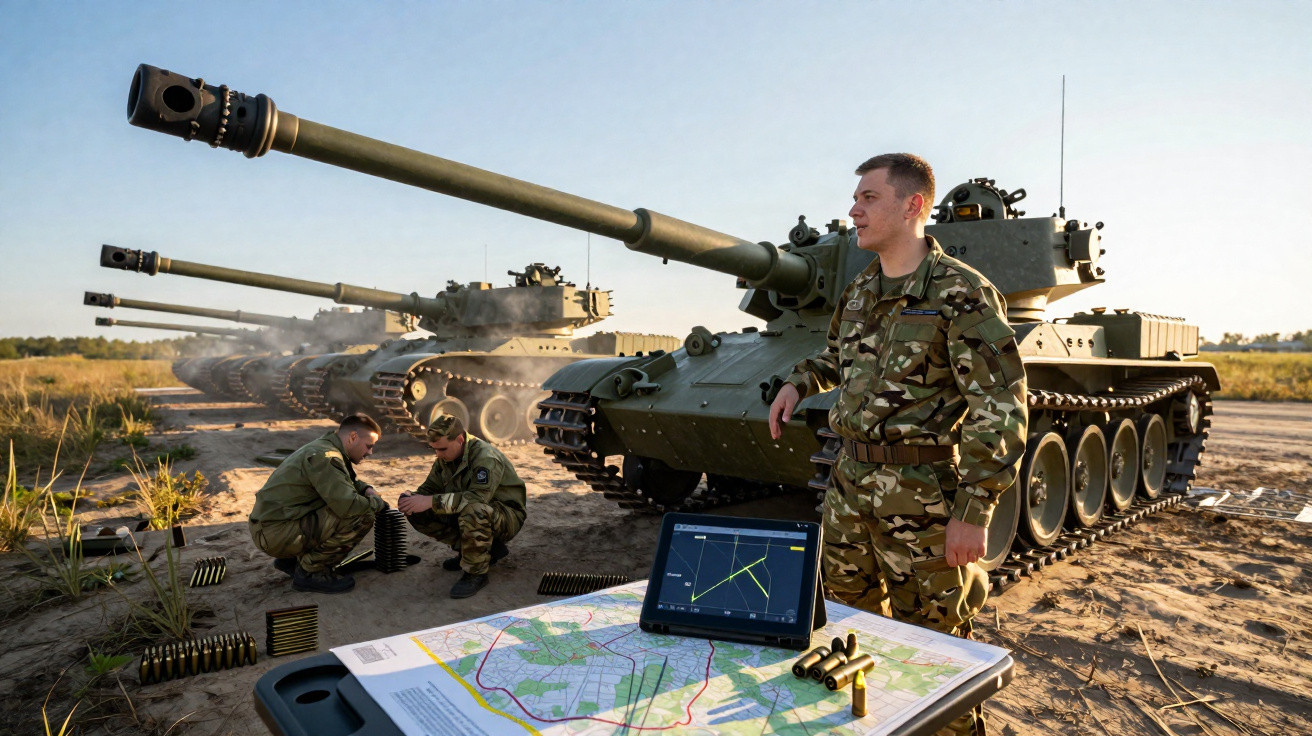 Soldados em uniforme militar ao lado de tanques e mapa sobre mesa em campo aberto ao entardecer.