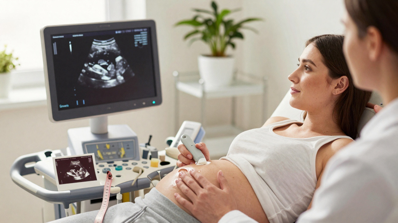 Mulher grávida fazendo ultrassom enquanto profissional médico toca sua barriga em clínica médica.