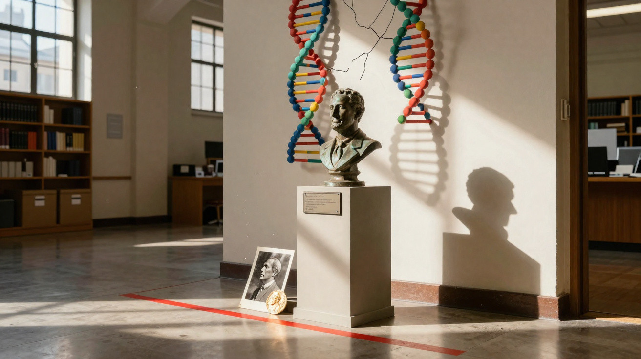 Busto de homem sobre pedestal com imagem em preto e branco e duas representações de hélices de DNA coloridas ao fundo.