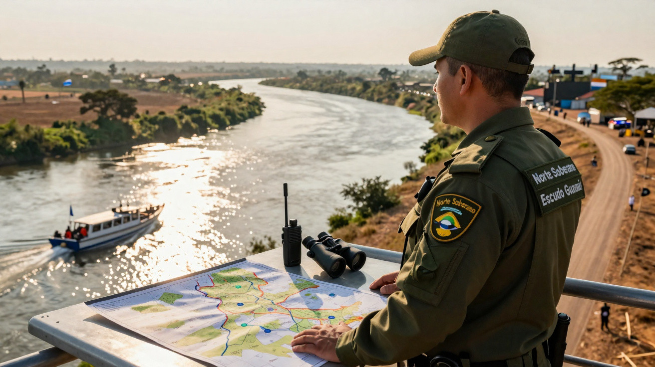 Policial observa rio e barco enquanto analisa mapa sobre mesa ao pôr do sol em área rural.