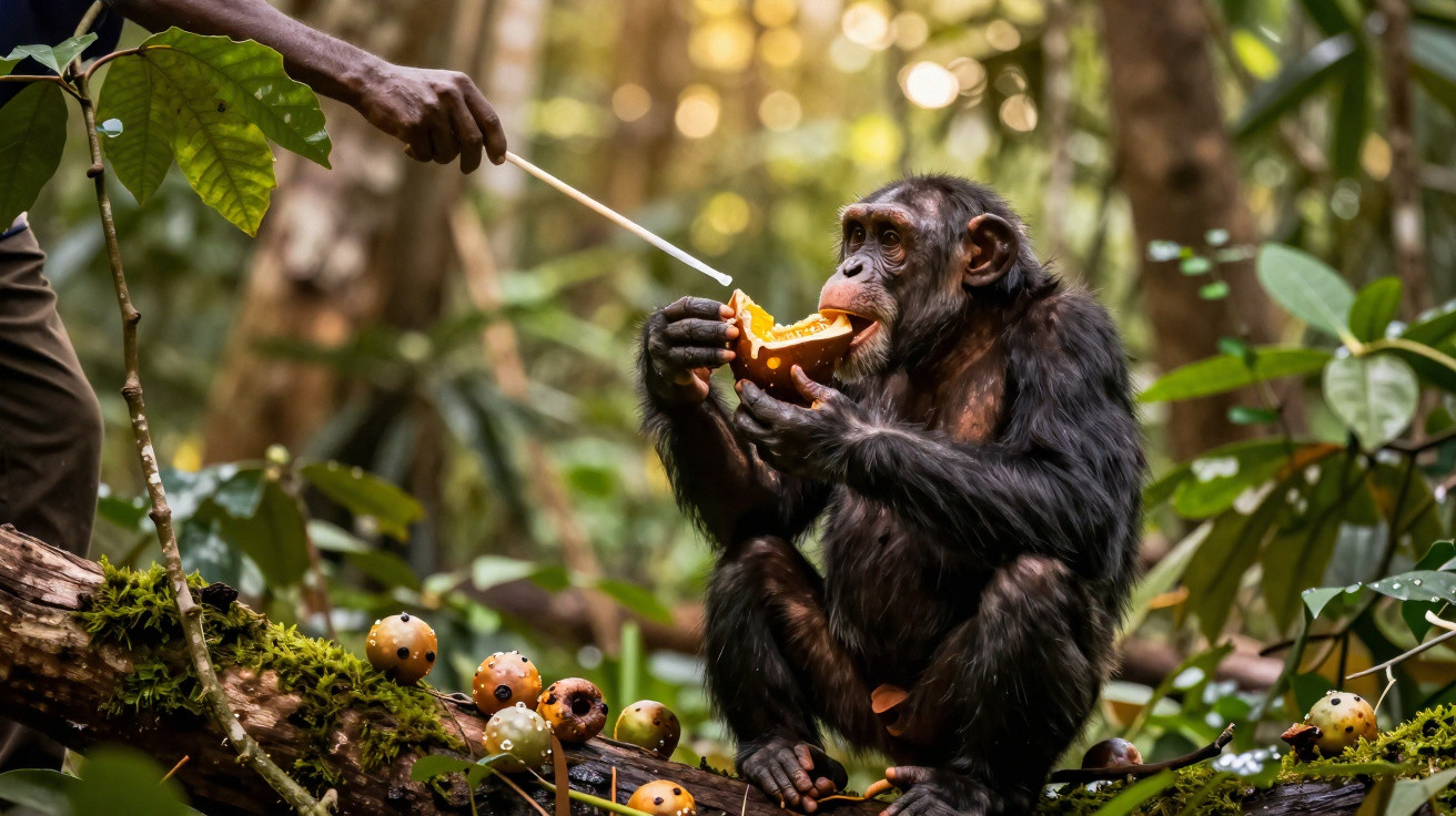 Chimpanzé sentado na floresta sendo alimentado com pedaço de fruta por pessoa com bastão.