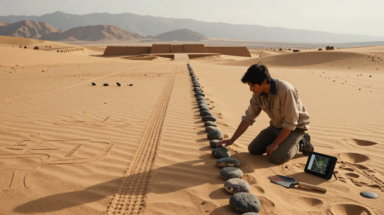 Homem ajoelhado organiza pedras em linha reta no deserto com tablet e pá ao lado.