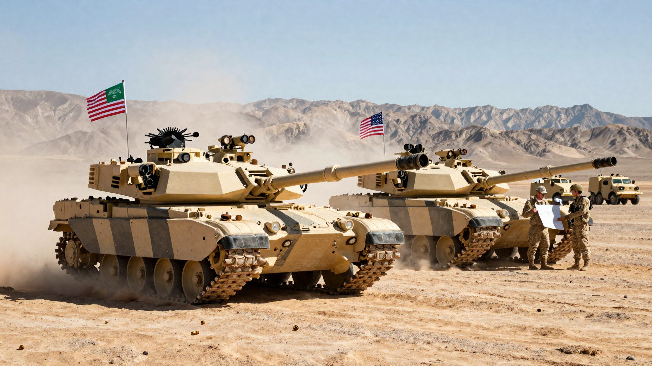 Dois tanques militares desert camouflage em terreno árido com três soldados analisando mapa ao lado, montanhas ao fundo.