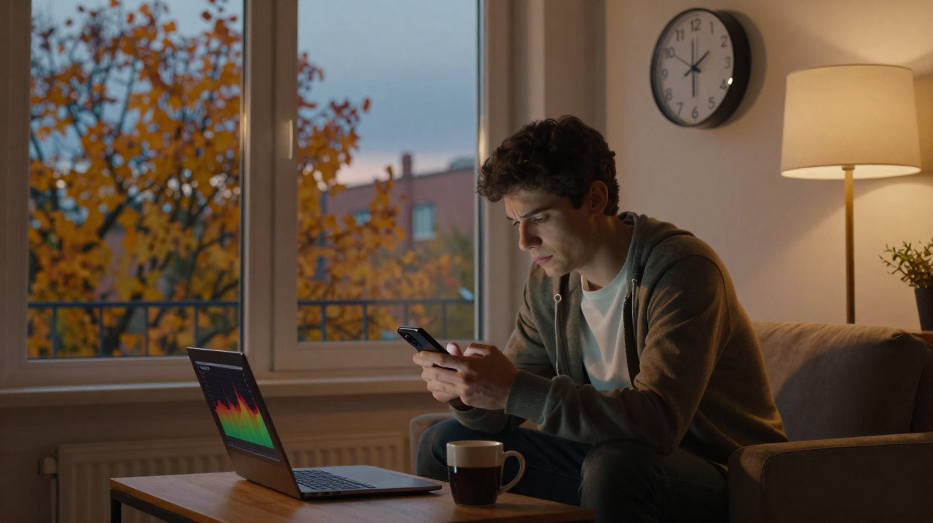Jovem sentado no sofá olhando para celular com laptop e xícara na mesa, relógio marca 17h, noite chegando.