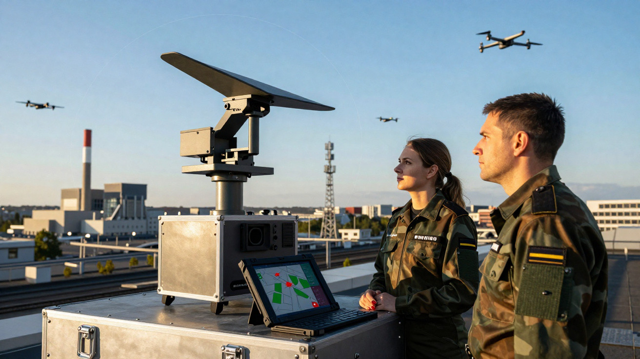 Dois militares observam drones voando enquanto monitoram com equipamento eletrônico em um ambiente urbano.