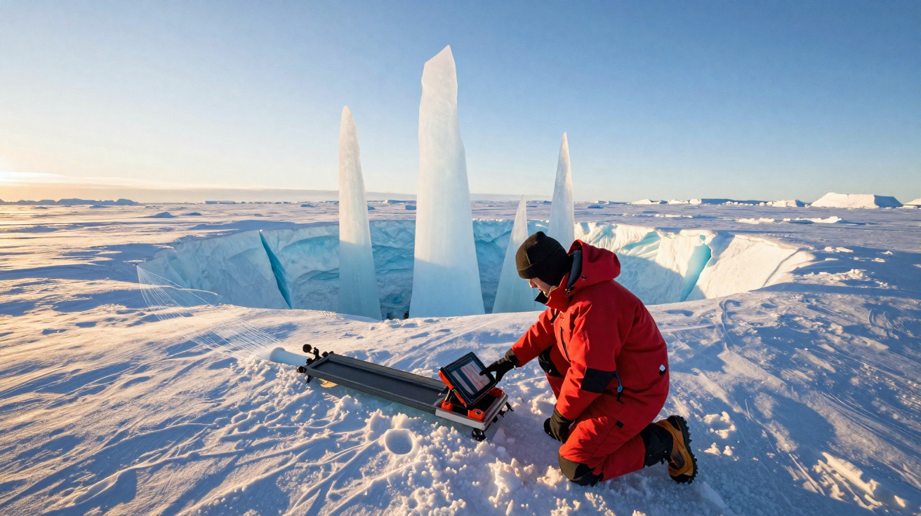 Pesquisador em roupa vermelha operando equipamento na neve perto de formações de gelo pontiagudas na Antártida.