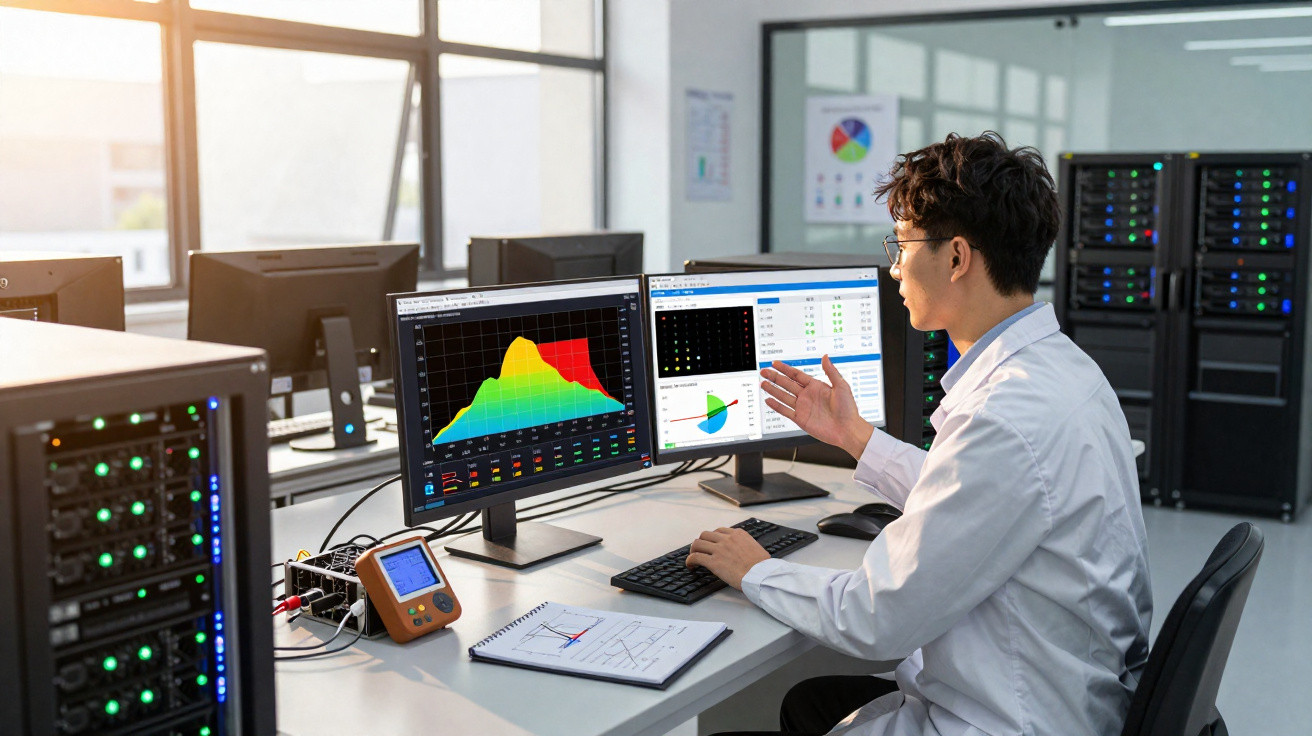 Homem analisando gráficos em dois monitores em ambiente de laboratório com equipamentos tecnológicos.