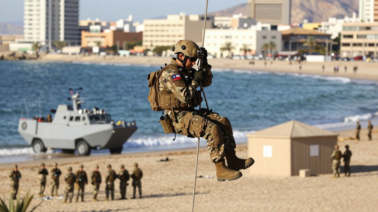 Soldado em treinamento de rapel na praia com grupo em formação e veículo militar anfíbio ao fundo.