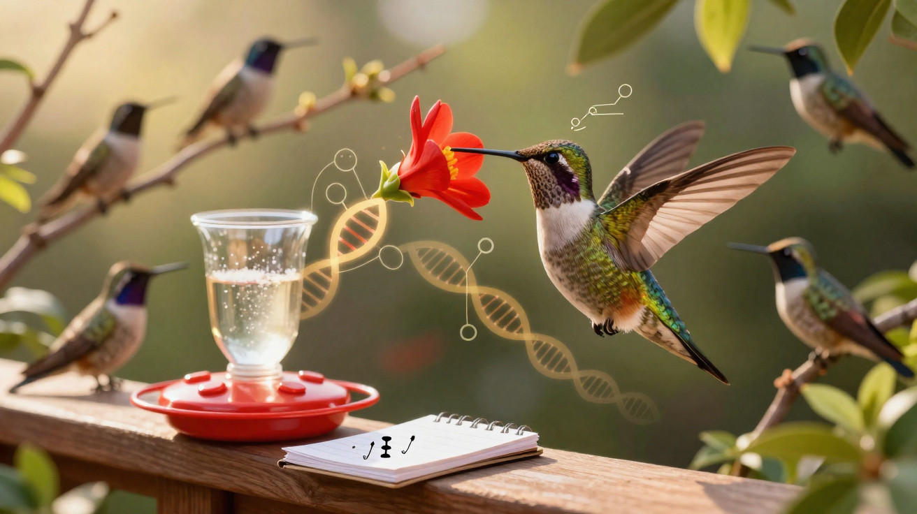 Beija-flor próximo a flor vermelha e bebedouro, com notebook e símbolos de DNA ao fundo.
