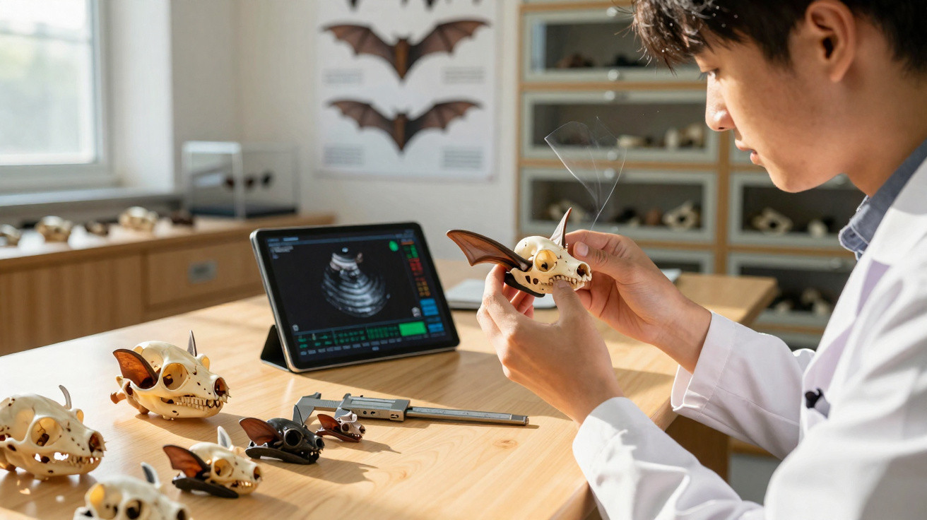 Pesquisador analisando modelo de crânio de morcego em laboratório com tablet e outros crânios sobre a mesa.