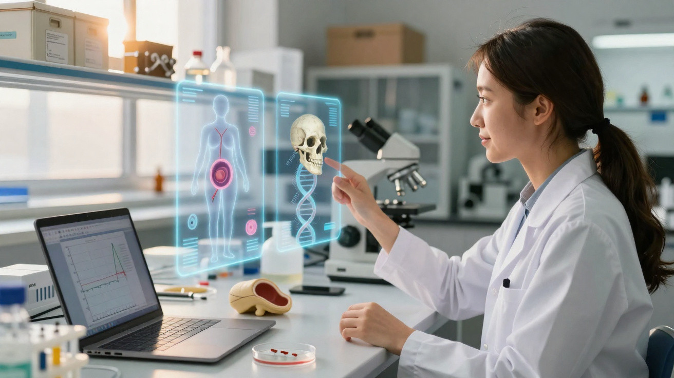 Pesquisadora usando realidade aumentada para analisar imagens médicas em laboratório de ciências.