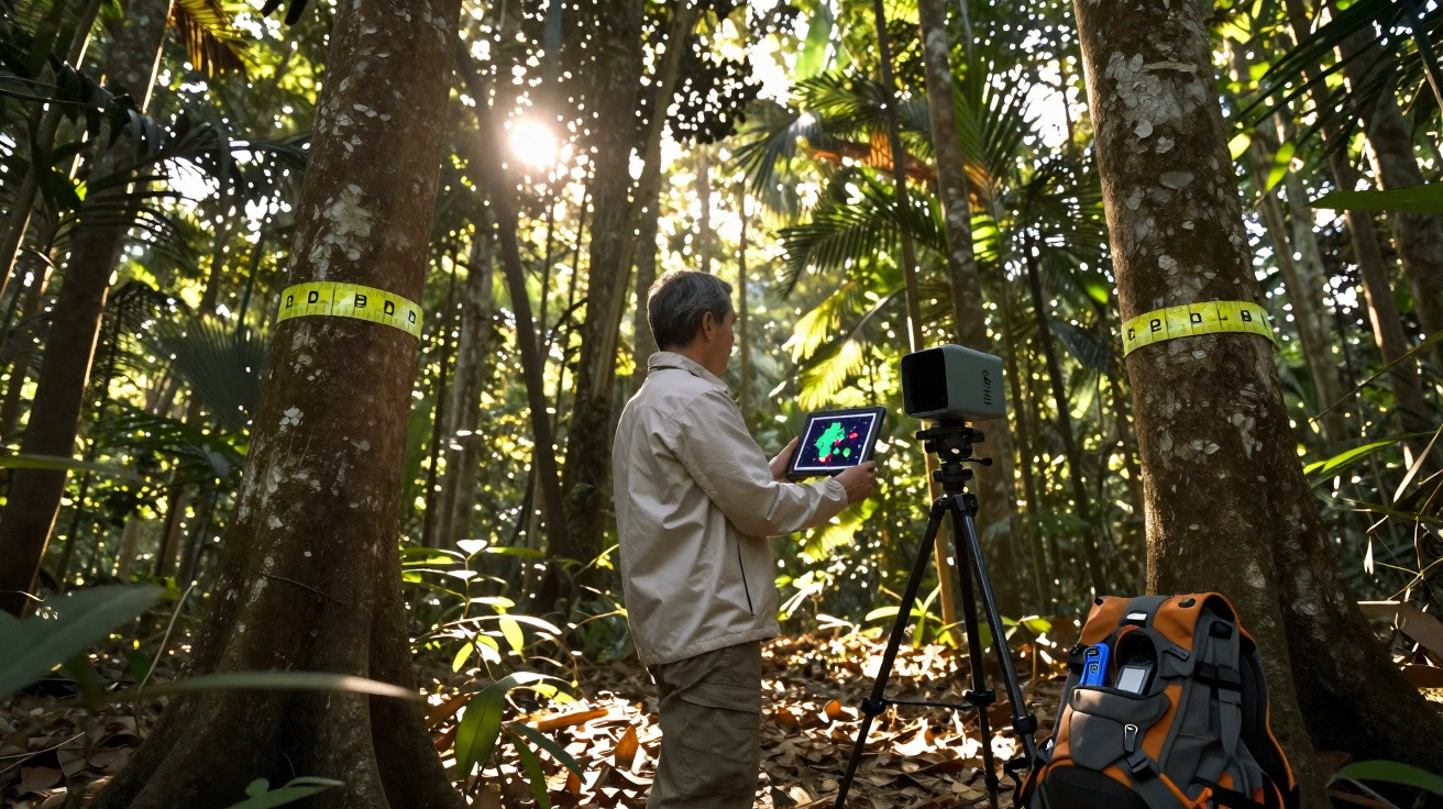 Pesquisador usa tablet para coletar dados ambientais em floresta tropical com árvores marcadas.